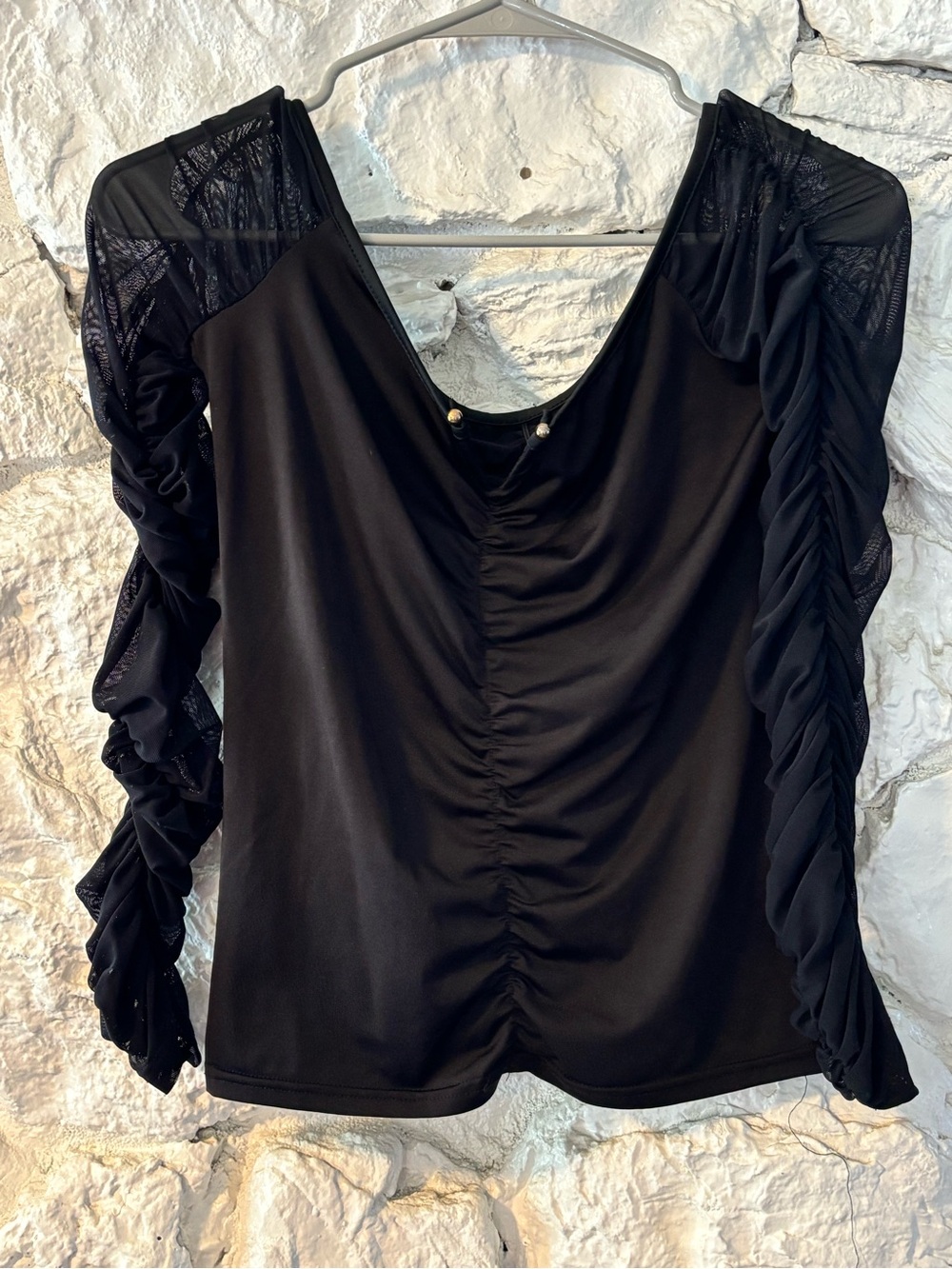 SHEIN Black Ruched Long Sleeve Top with Sheer Sleeves